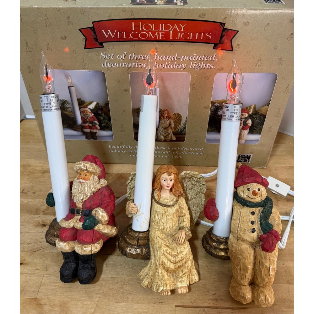 Vintage Holiday Welcome Lights Set of 3 Electric Candle Statues Santa Angel Snow